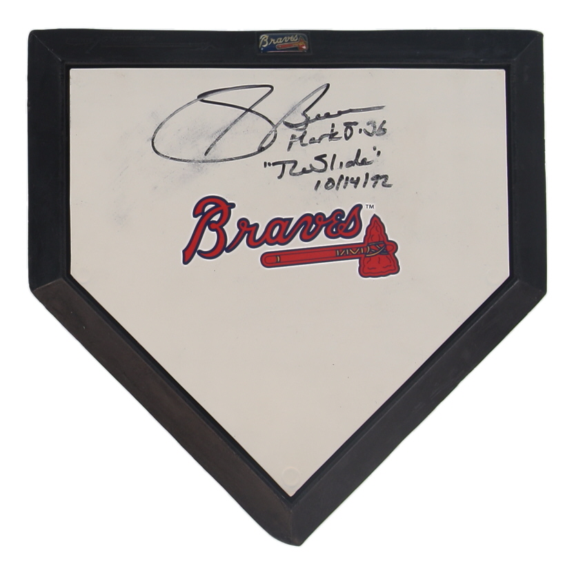 Sid Bream Signed Braves Logo Mini Home Plate Inscribed "The Slide 10/14/92" (Beckett) at PristineAuction.com Sid Bream Signed Braves Logo Mini Home Plate Inscribed "The Slide 10/14/92" (Beckett) at PristineAuction.com