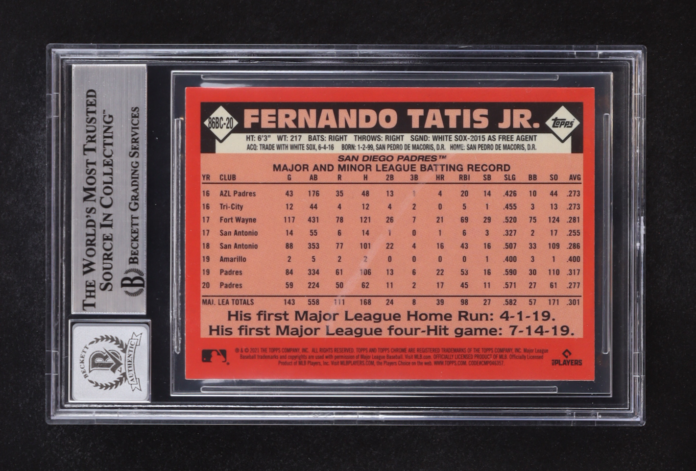 Fernando Tatis Jr. Signed 2021 Topps Chrome '86 Topps #86BC20 (Beckett | Auto Grade BGS 10) at PristineAuction.com Fernando Tatis Jr. Signed 2021 Topps Chrome '86 Topps #86BC20 (Beckett | Auto Grade BGS 10) at PristineAuction.com
