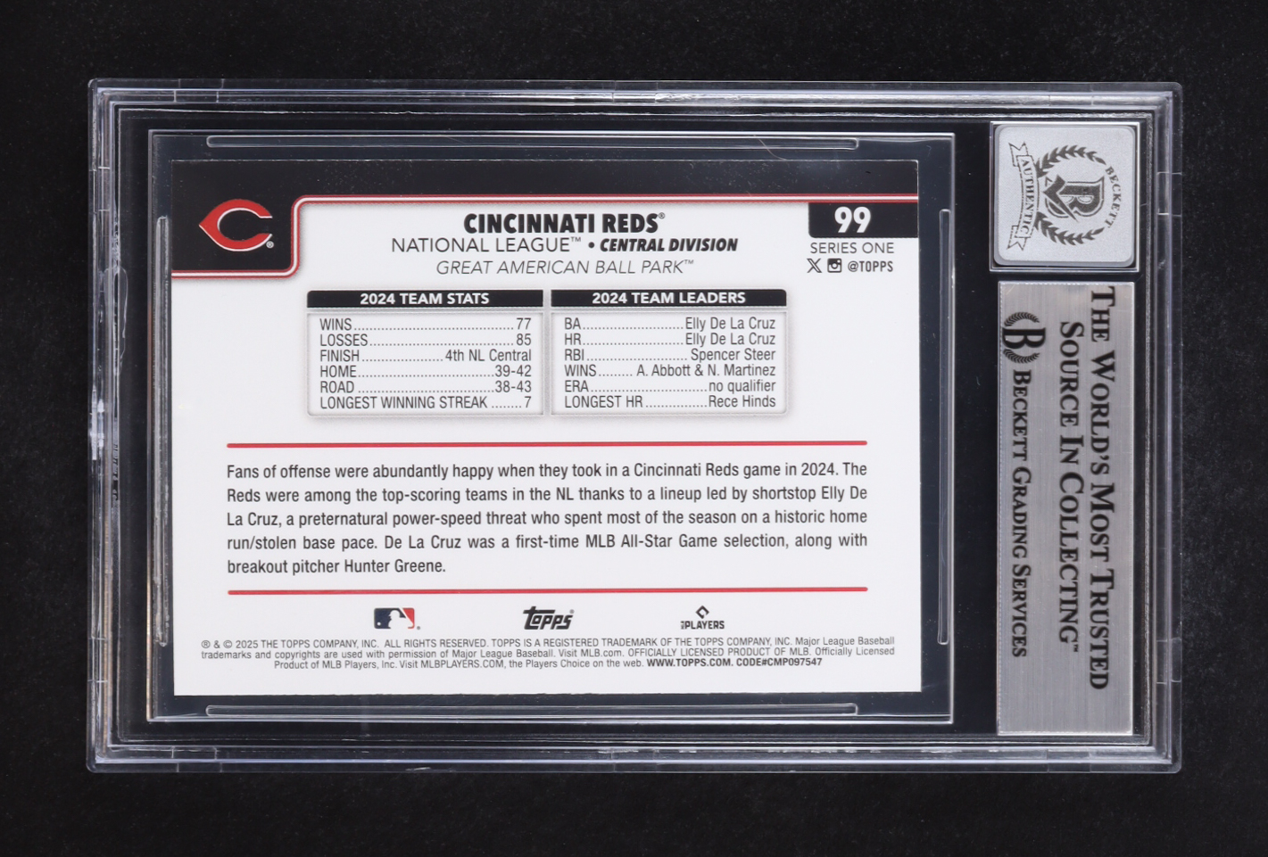 Elly De La Cruz Signed Reds 2025 Topps #99 (Beckett | Auto Grade BGS 10) at PristineAuction.com Elly De La Cruz Signed Reds 2025 Topps #99 (Beckett | Auto Grade BGS 10) at PristineAuction.com