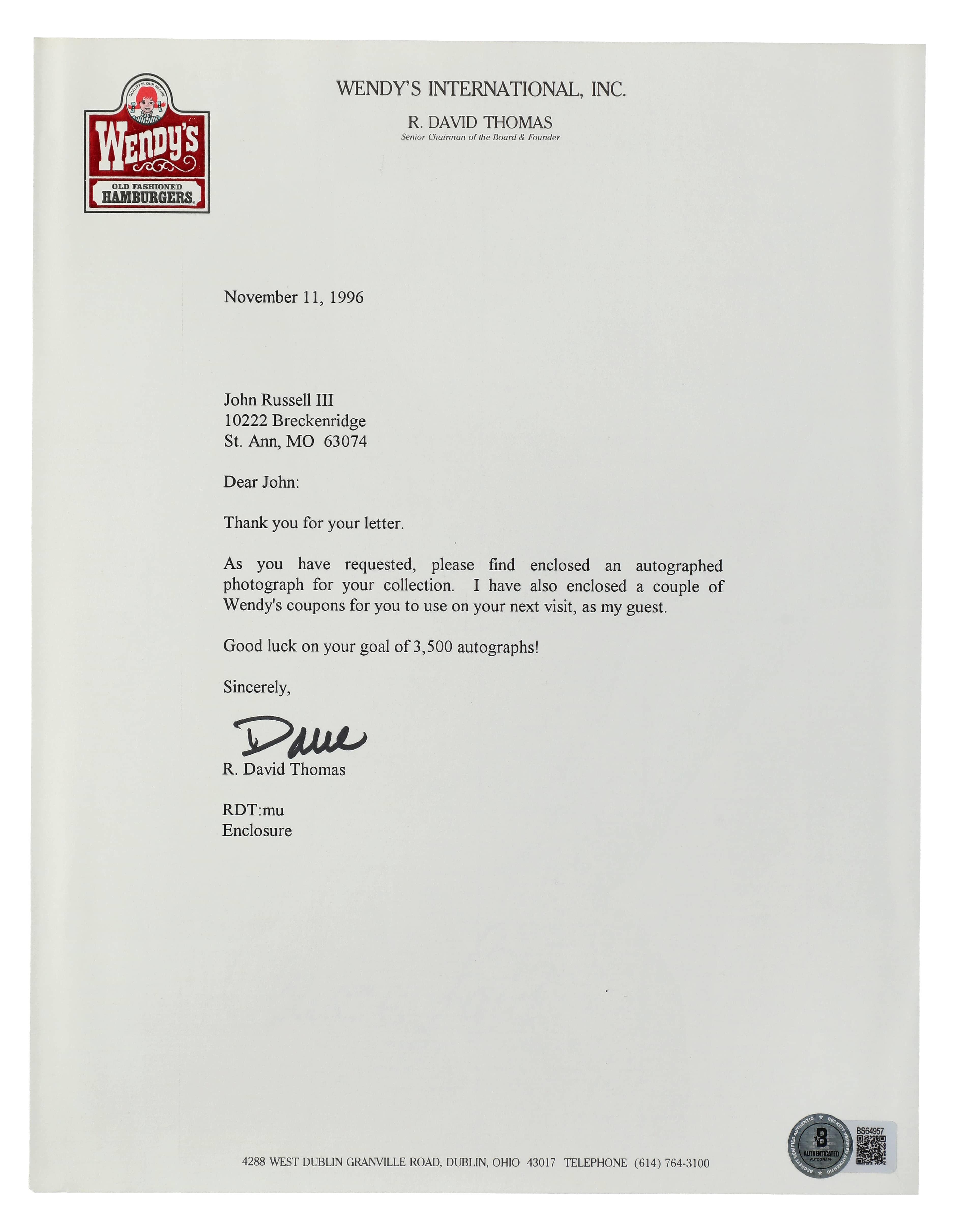 Dave Thomas Signed 1996 "Wendys" Letter (PSA) at PristineAuction.com Dave Thomas Signed 1996 "Wendys" Letter (PSA) at PristineAuction.com