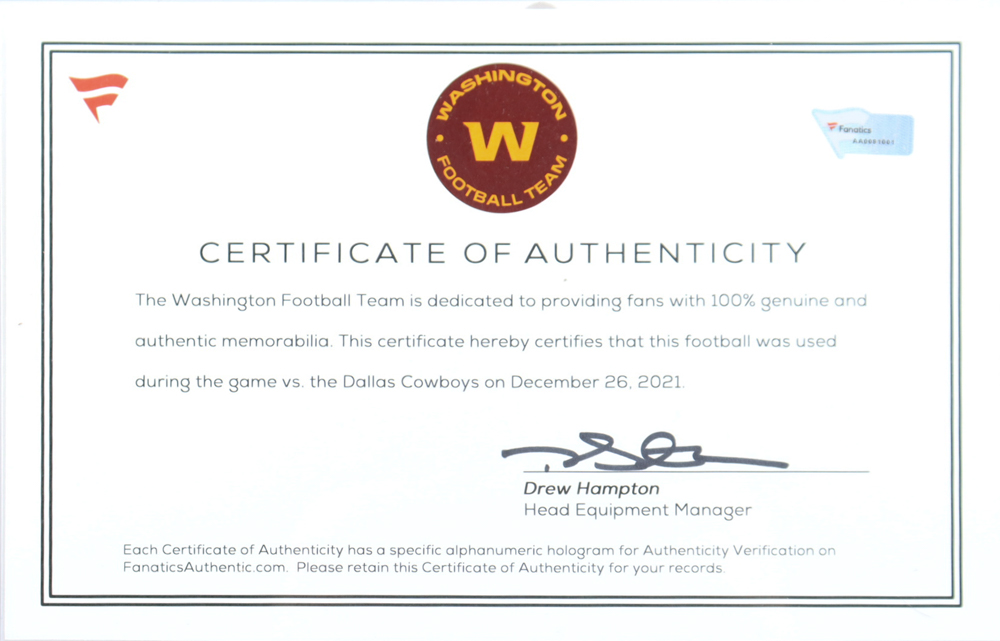 Game-Used 2021 Redskins Vs Cowboys NFL Football (Fanatics) at PristineAuction.com Game-Used 2021 Redskins Vs Cowboys NFL Football (Fanatics) at PristineAuction.com