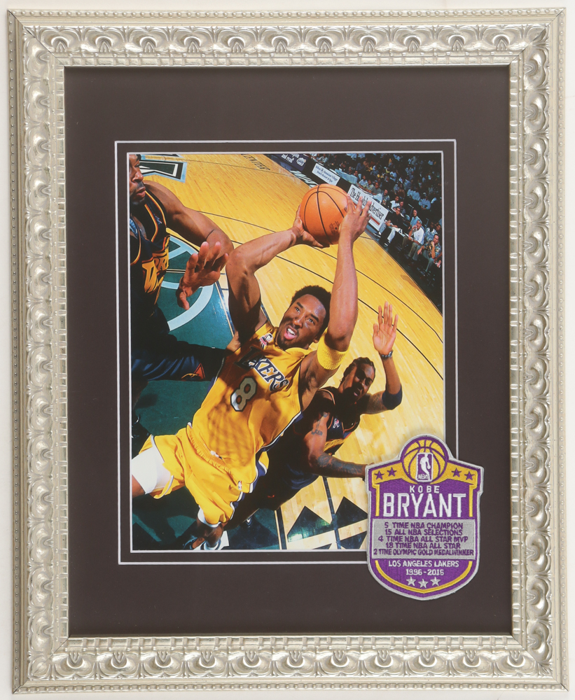 Kobe Bryant Lakers Custom Framed Photo Display With Bryant Stat Patch at PristineAuction.com Kobe Bryant Lakers Custom Framed Photo Display With Bryant Stat Patch at PristineAuction.com