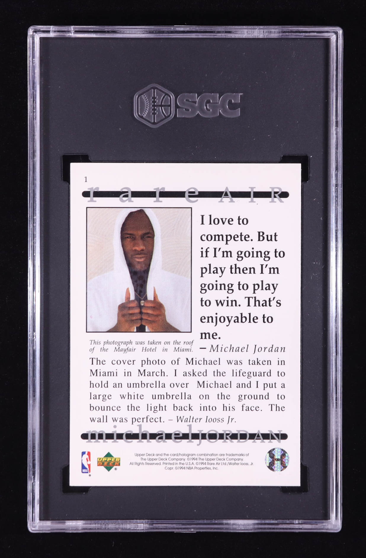 Michael Jordan 1994 Upper Deck Jordan Rare Air #1 / Close-Up with White Robe (SGC 9) at PristineAuction.com Michael Jordan 1994 Upper Deck Jordan Rare Air #1 / Close-Up with White Robe (SGC 9) at PristineAuction.com