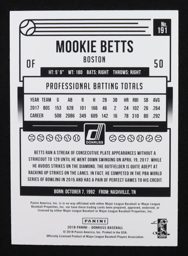 Mookie Betts 2018 Donruss Career Stat Line #191 #156/292 at PristineAuction.com Mookie Betts 2018 Donruss Career Stat Line #191 #156/292 at PristineAuction.com