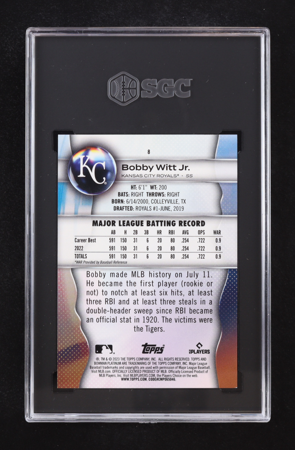 Bobby Witt Jr. 2023 Bowman Platinum Pink #8 #021/199 (SGC 9.5) at PristineAuction.com Bobby Witt Jr. 2023 Bowman Platinum Pink #8 #021/199 (SGC 9.5) at PristineAuction.com