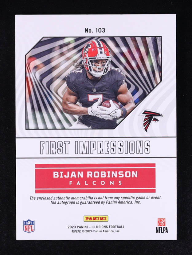 Bijan Robinson 2023 Panini Illusions Red #103 Jersey Autograph #032/199 EXCH RC at PristineAuction.com Bijan Robinson 2023 Panini Illusions Red #103 Jersey Autograph #032/199 EXCH RC at PristineAuction.com