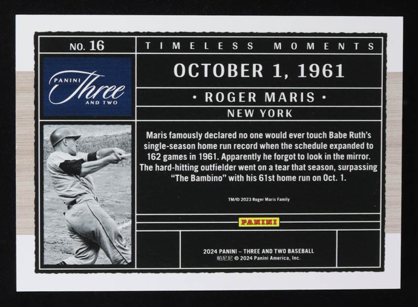 Roger Maris 2024 Panini Three and Two Timeless Moments Blue #16 #09/15 at PristineAuction.com Roger Maris 2024 Panini Three and Two Timeless Moments Blue #16 #09/15 at PristineAuction.com