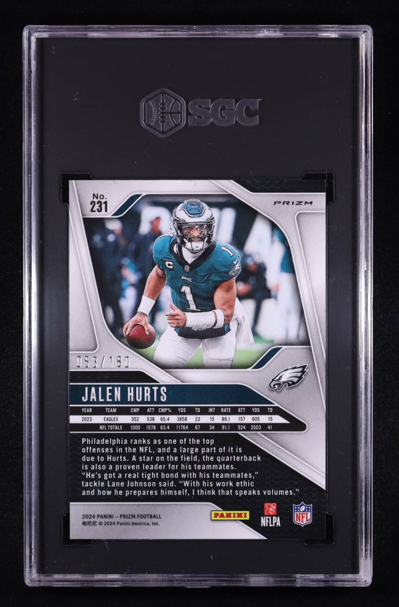 Jalen Hurts 2024 Panini Prizm Prizms Hyper #231 #053/180 (SGC 9.5) at PristineAuction.com Jalen Hurts 2024 Panini Prizm Prizms Hyper #231 #053/180 (SGC 9.5) at PristineAuction.com