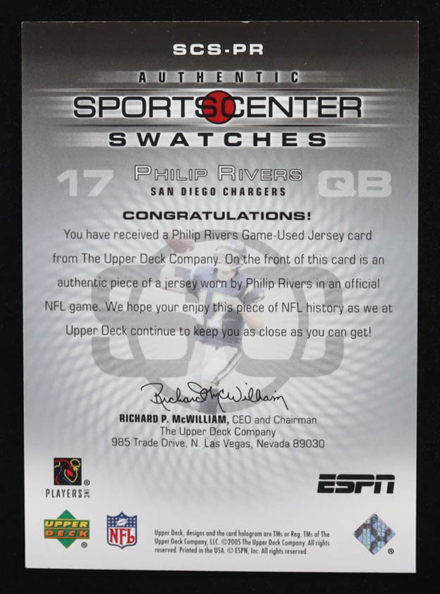 Philip Rivers 2005 Upper Deck ESPN Sports Center Swatches #PR at PristineAuction.com Philip Rivers 2005 Upper Deck ESPN Sports Center Swatches #PR at PristineAuction.com