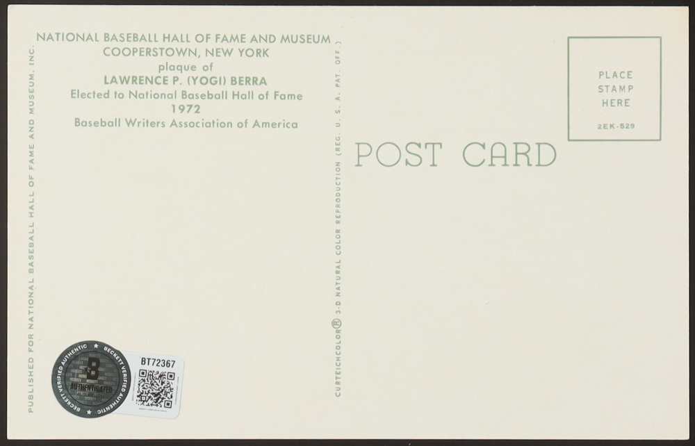 Yogi Berra Signed 1972 MLB Hall of Fame 4x6 Postcard (Beckett) at PristineAuction.com Yogi Berra Signed 1972 MLB Hall of Fame 4x6 Postcard (Beckett) at PristineAuction.com