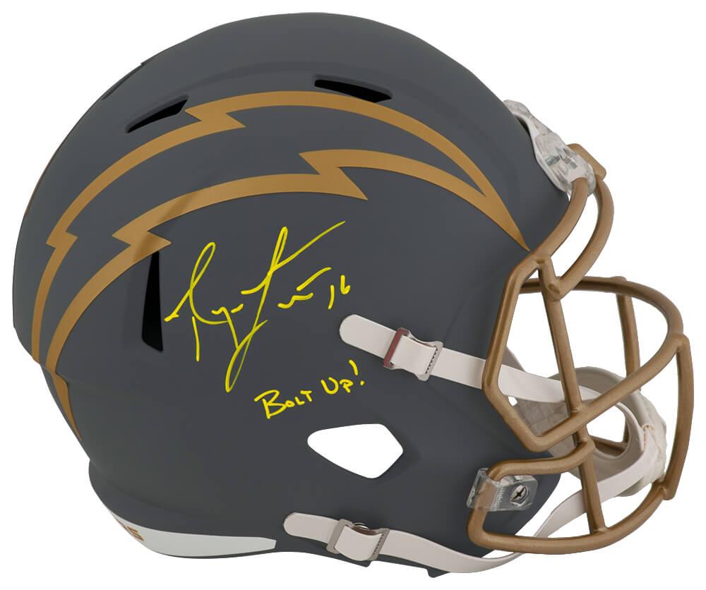 Ryan Leaf Signed Chargers Full-Size Slate Alternate Speed Helmet Inscribed "Bolt Up" (Schwartz) at PristineAuction.com Ryan Leaf Signed Chargers Full-Size Slate Alternate Speed Helmet Inscribed "Bolt Up" (Schwartz) at PristineAuction.com