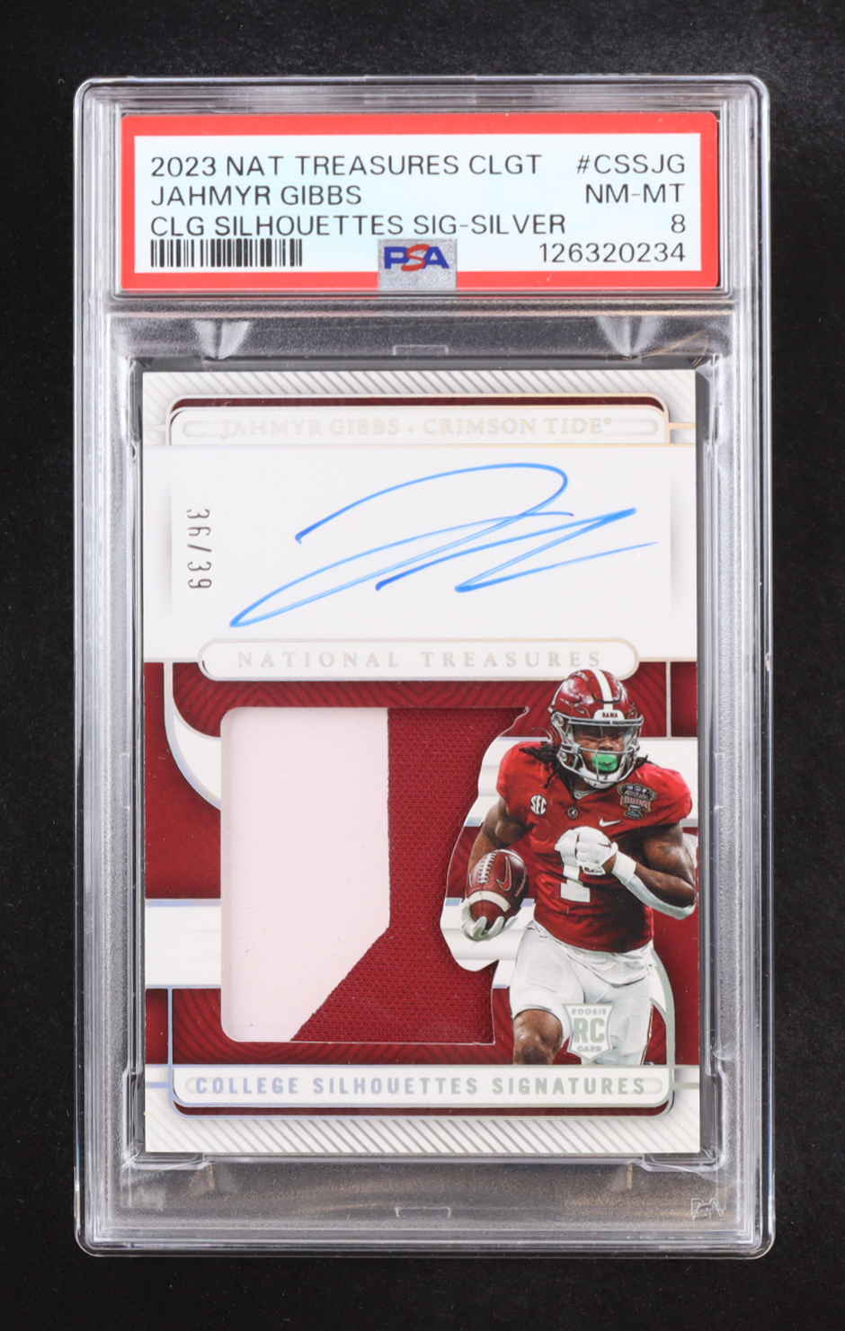Jahmyr Gibbs 2023 Panini National Treasures Collegiate College Silhouettes Signatures Silver #12 RC #36/39 (PSA 8) at PristineAuction.com Jahmyr Gibbs 2023 Panini National Treasures Collegiate College Silhouettes Signatures Silver #12 RC #36/39 (PSA 8) at PristineAuction.com