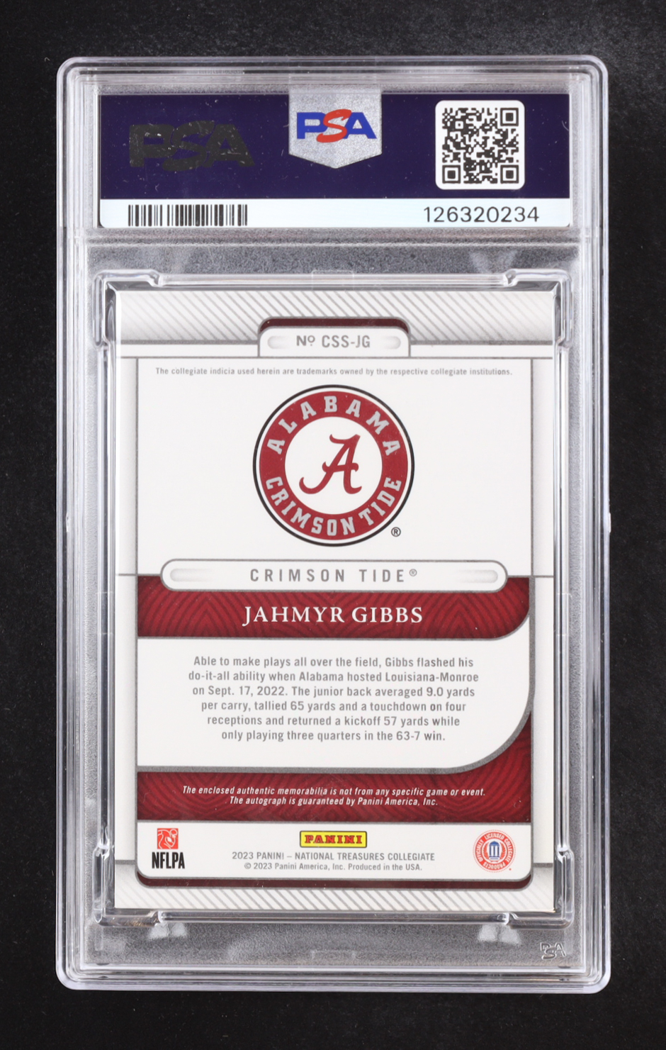 Jahmyr Gibbs 2023 Panini National Treasures Collegiate College Silhouettes Signatures Silver #12 RC #36/39 (PSA 8) at PristineAuction.com Jahmyr Gibbs 2023 Panini National Treasures Collegiate College Silhouettes Signatures Silver #12 RC #36/39 (PSA 8) at PristineAuction.com