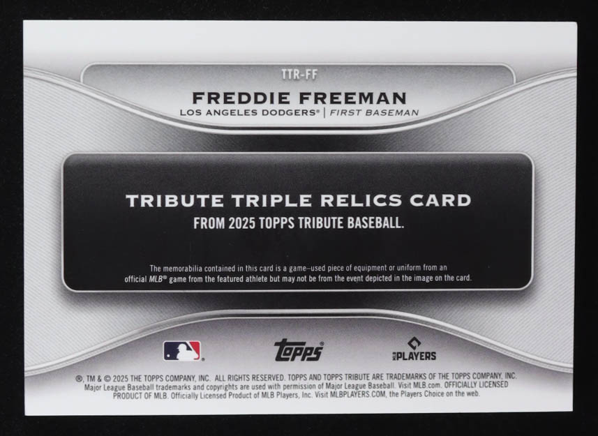 Freddie Freeman 2025 Topps Tribute Triple Relics Green #TTRFF #96/99 at PristineAuction.com Freddie Freeman 2025 Topps Tribute Triple Relics Green #TTRFF #96/99 at PristineAuction.com
