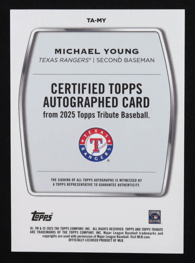 Michael Young 2025 Topps Tribute Autographs Gold #TAMY #05/75 at PristineAuction.com Michael Young 2025 Topps Tribute Autographs Gold #TAMY #05/75 at PristineAuction.com