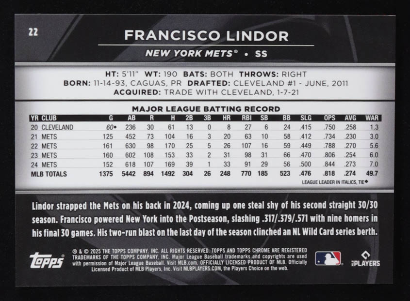 Francisco Lindor 2025 Topps Chrome Black Purple Refractors #22 #30/75 at PristineAuction.com Francisco Lindor 2025 Topps Chrome Black Purple Refractors #22 #30/75 at PristineAuction.com