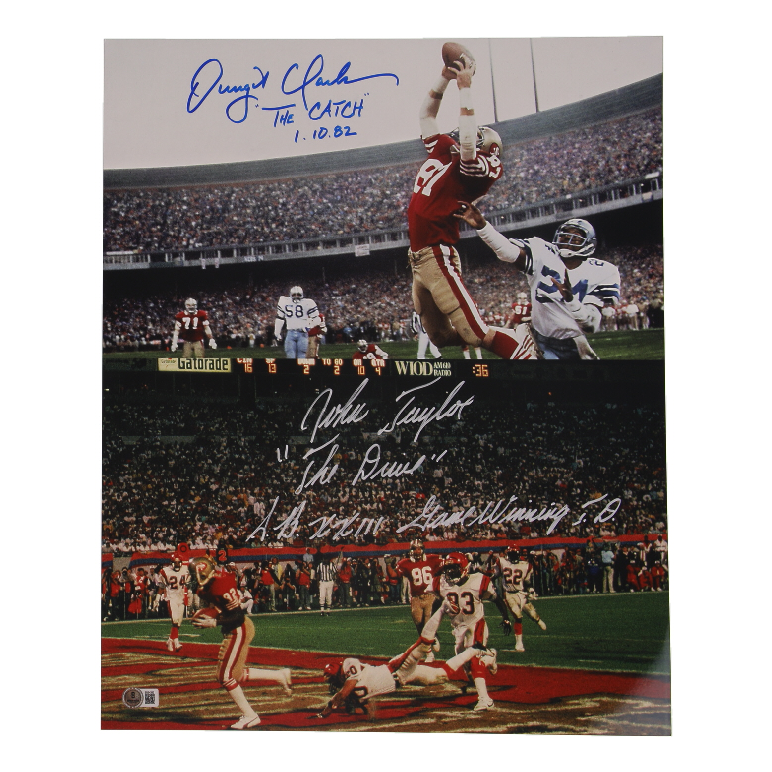 Dwight Clark & John Taylor Signed 49ers 16x20 Photo with Extensive Inscription (Beckett) at PristineAuction.com Dwight Clark & John Taylor Signed 49ers 16x20 Photo with Extensive Inscription (Beckett) at PristineAuction.com