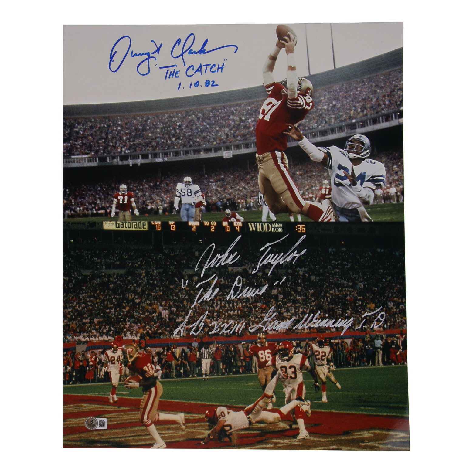 Dwight Clark & John Taylor Signed 49ers 16x20 Photo with Extensive Inscription (Beckett) at PristineAuction.com Dwight Clark & John Taylor Signed 49ers 16x20 Photo with Extensive Inscription (Beckett) at PristineAuction.com