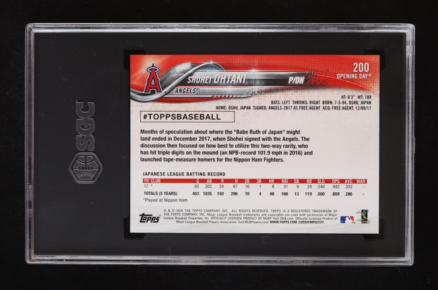 Shohei Ohtani 2018 Topps Opening Day #200 RC (SGC 9.5) at PristineAuction.com Shohei Ohtani 2018 Topps Opening Day #200 RC (SGC 9.5) at PristineAuction.com