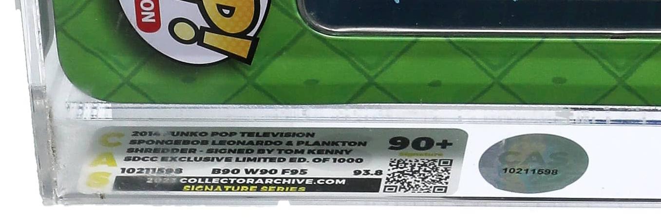 Tom Kenny Signed LE "SpongeBob SquarePants" Leonardo and Plankton Shredder Metal Lunchbox w/ Vinyl Figures #01 2014 Funko Pop! Vinyl Figure with Extensive Inscription (CAS 90+) at PristineAuction.com Tom Kenny Signed LE "SpongeBob SquarePants" Leonardo and Plankton Shredder Metal Lunchbox w/ Vinyl Figures #01 2014 Funko Pop! Vinyl Figure with Extensive Inscription (CAS 90+) at PristineAuction.com