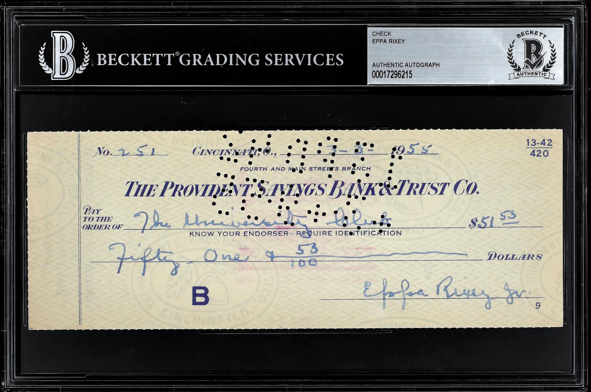 Eppa Rixey Signed 1955 Personal Bank Check (Beckett) at PristineAuction.com Eppa Rixey Signed 1955 Personal Bank Check (Beckett) at PristineAuction.com