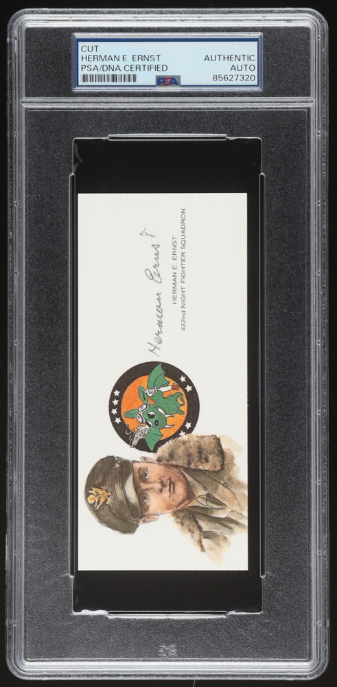 Herman Ernst Signed Cut Signature with Portrait (PSA) WWII Top Night Fighter Ace at PristineAuction.com Herman Ernst Signed Cut Signature with Portrait (PSA) WWII Top Night Fighter Ace at PristineAuction.com