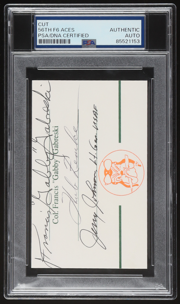 Hub Zemke, Gabby Gabreski, Gerald Johnson Signed Cut Signature (PSA) WWII Top 56th FG Aces at PristineAuction.com Hub Zemke, Gabby Gabreski, Gerald Johnson Signed Cut Signature (PSA) WWII Top 56th FG Aces at PristineAuction.com