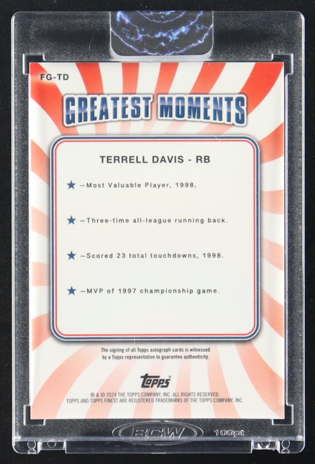 Terrell Davis 2024 Topps Finest Greats Moments Greatest Autographs #FG-TD #22/50 at PristineAuction.com Terrell Davis 2024 Topps Finest Greats Moments Greatest Autographs #FG-TD #22/50 at PristineAuction.com