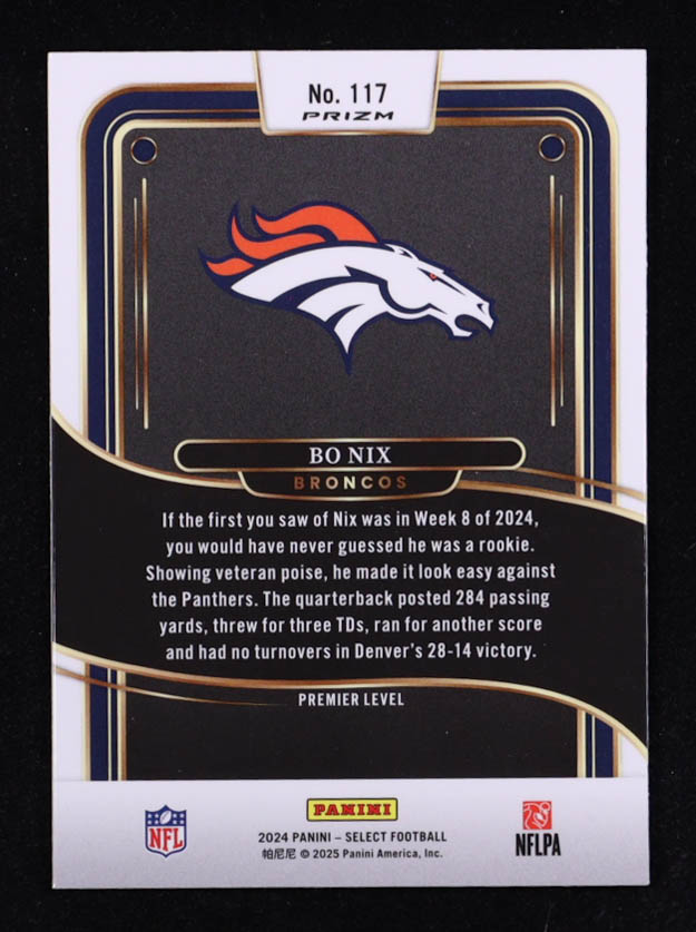 Bo Nix 2024 Select Prizm Black and Red Shock #117 RC at PristineAuction.com Bo Nix 2024 Select Prizm Black and Red Shock #117 RC at PristineAuction.com