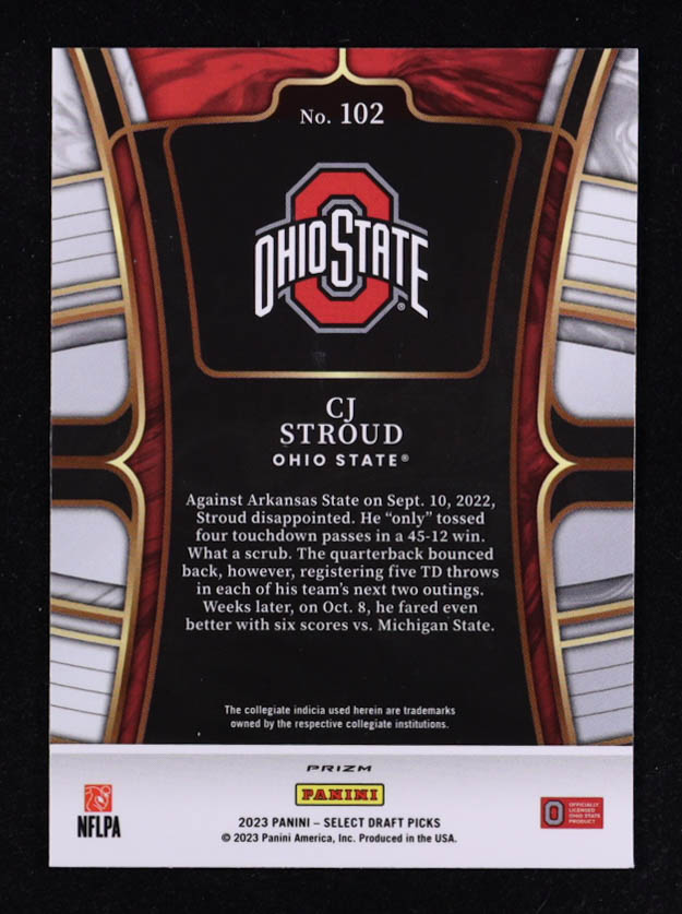 CJ Stroud 2023 Select Draft Picks Prizms Red Lazer #102 RC at PristineAuction.com CJ Stroud 2023 Select Draft Picks Prizms Red Lazer #102 RC at PristineAuction.com
