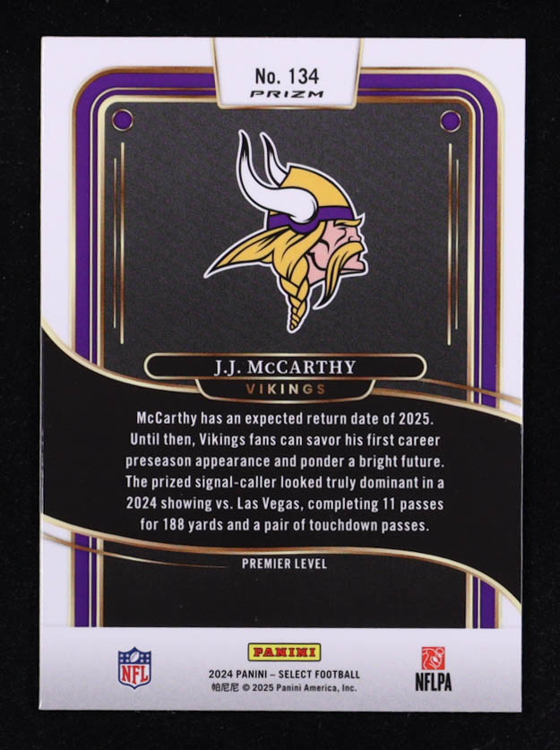 J.J. McCarthy 2024 Select Prizm Black and Red Shock #134 RC at PristineAuction.com J.J. McCarthy 2024 Select Prizm Black and Red Shock #134 RC at PristineAuction.com