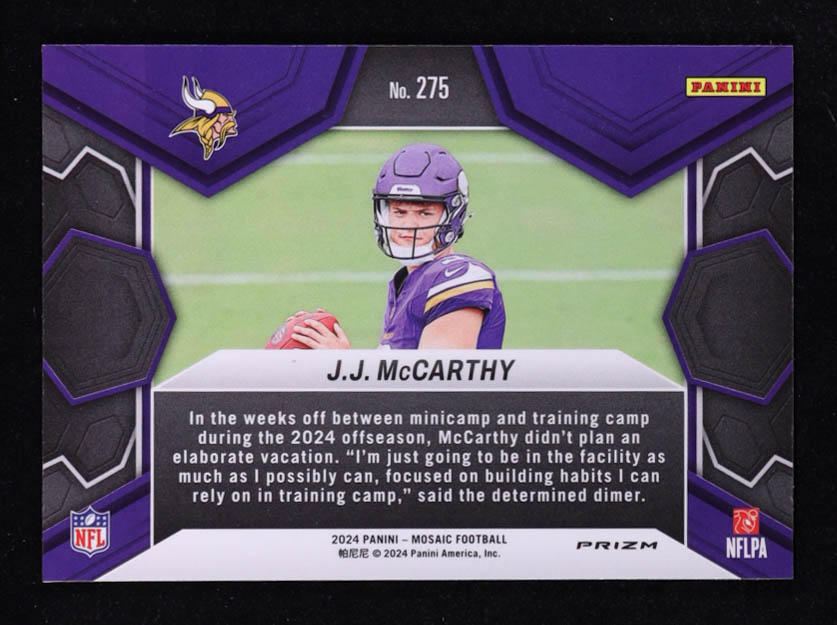 J.J. McCarthy 2024 Panini Mosaic Mosaic Reactive Blue #275 RC at PristineAuction.com J.J. McCarthy 2024 Panini Mosaic Mosaic Reactive Blue #275 RC at PristineAuction.com
