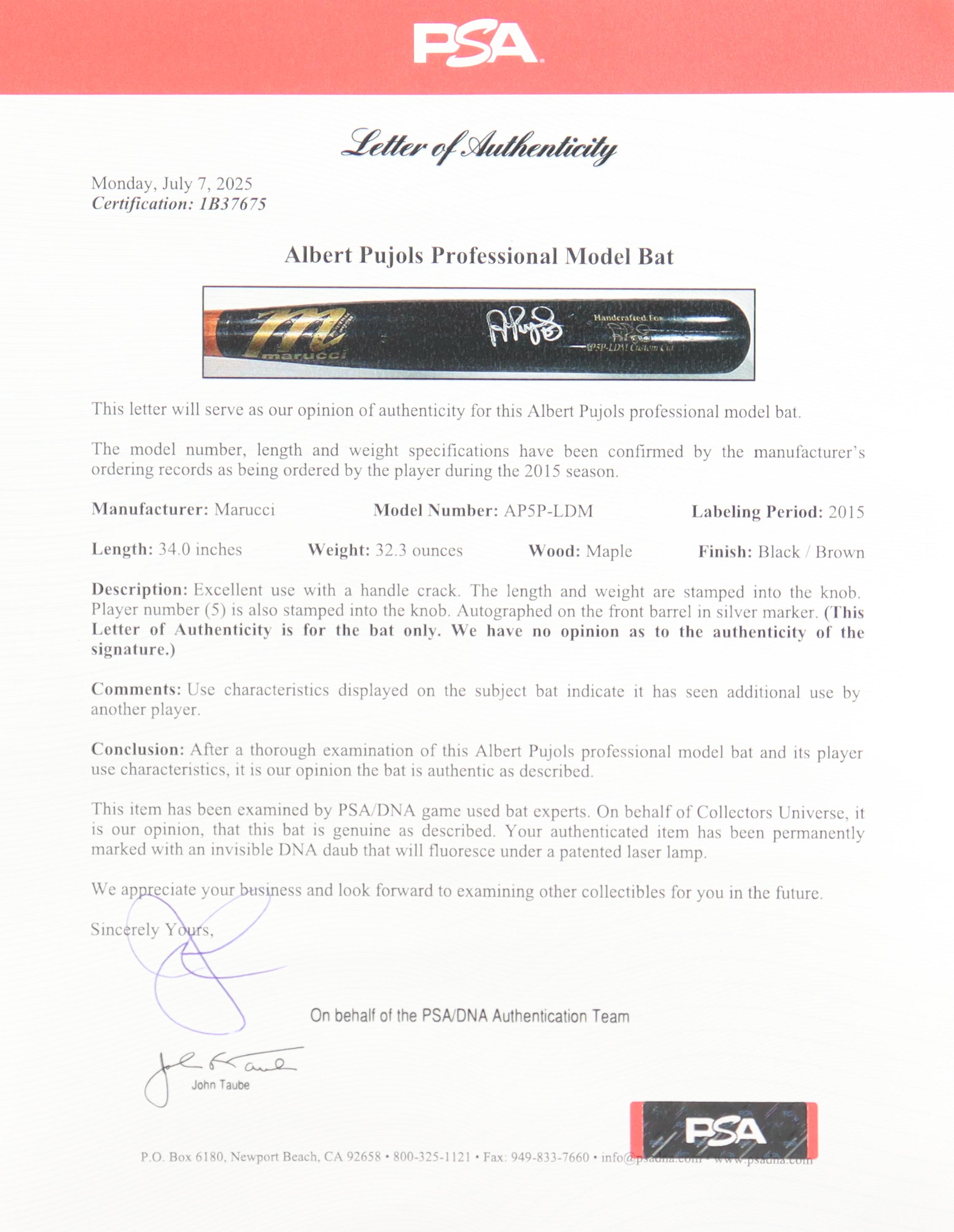 Albert Pujols Signed 2015 Game-Used Marucci Player Model Baseball Bat (PSA & JSA) at PristineAuction.com Albert Pujols Signed 2015 Game-Used Marucci Player Model Baseball Bat (PSA & JSA) at PristineAuction.com