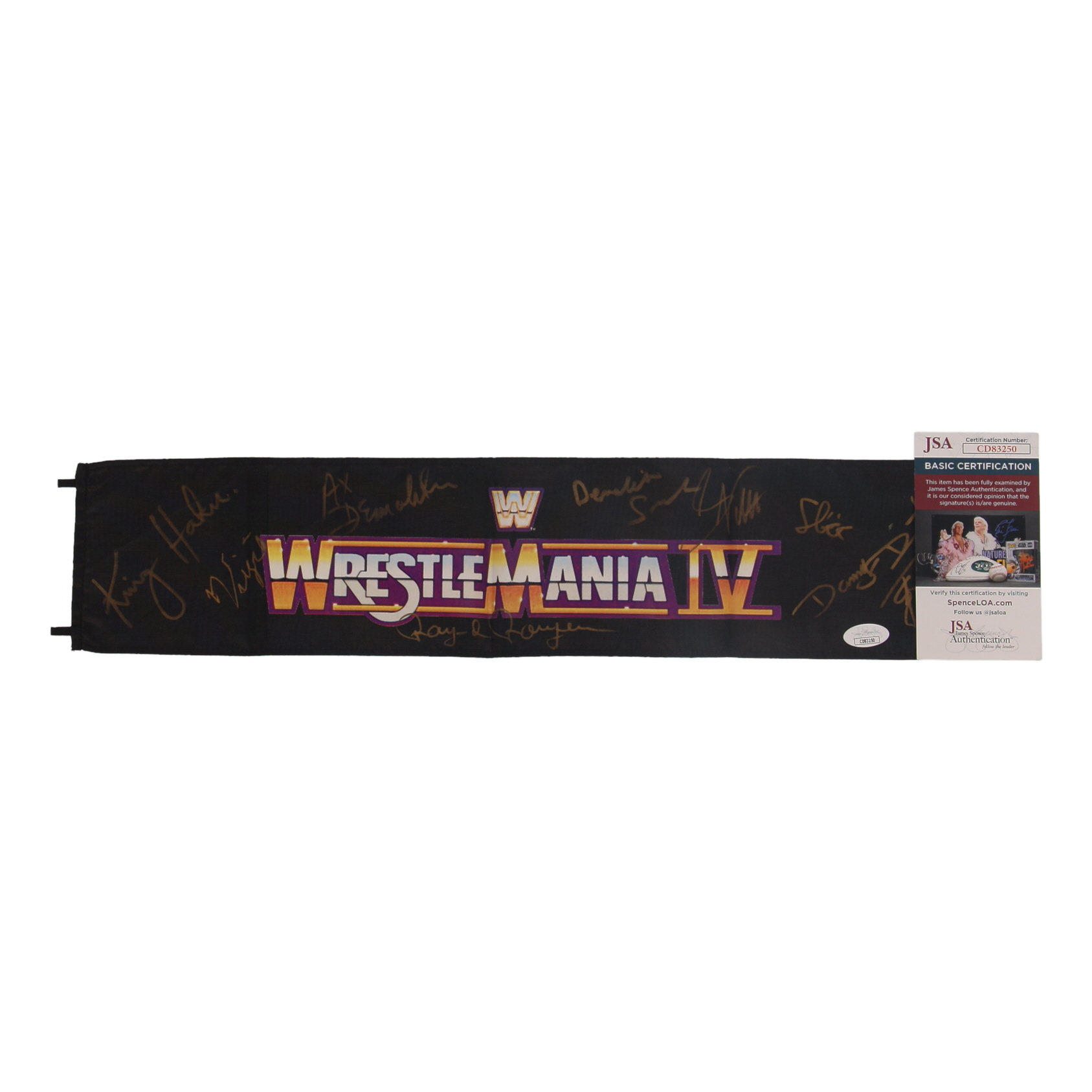 Wrestlemania Mini Flag Signed by (9) with Ax, Smash, Virgil, Greg Valentine (JSA) at PristineAuction.com Wrestlemania Mini Flag Signed by (9) with Ax, Smash, Virgil, Greg Valentine (JSA) at PristineAuction.com