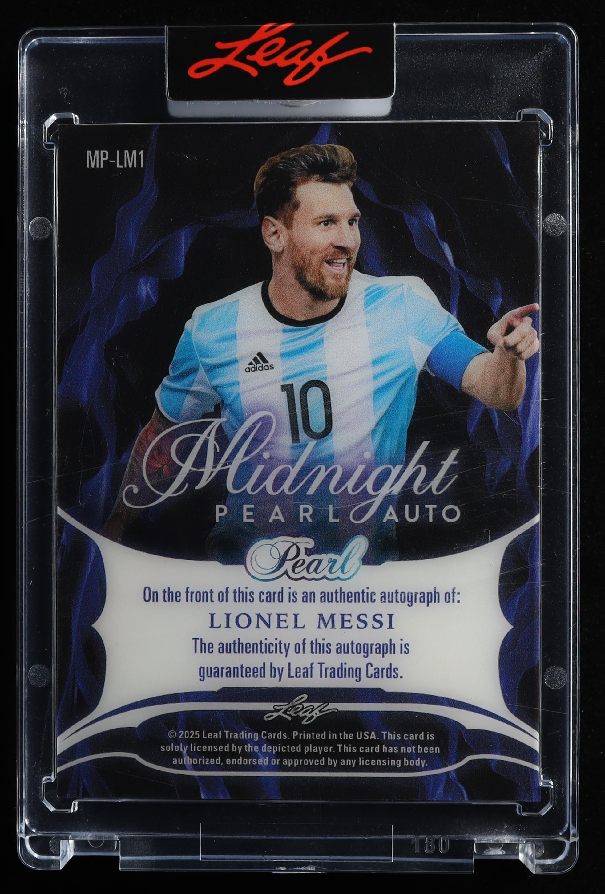 Lionel Messi 2025 Leaf Pearl Midnight Pearl Autograph Gold Spectrum #MPLM1 #10/10 at PristineAuction.com Lionel Messi 2025 Leaf Pearl Midnight Pearl Autograph Gold Spectrum #MPLM1 #10/10 at PristineAuction.com