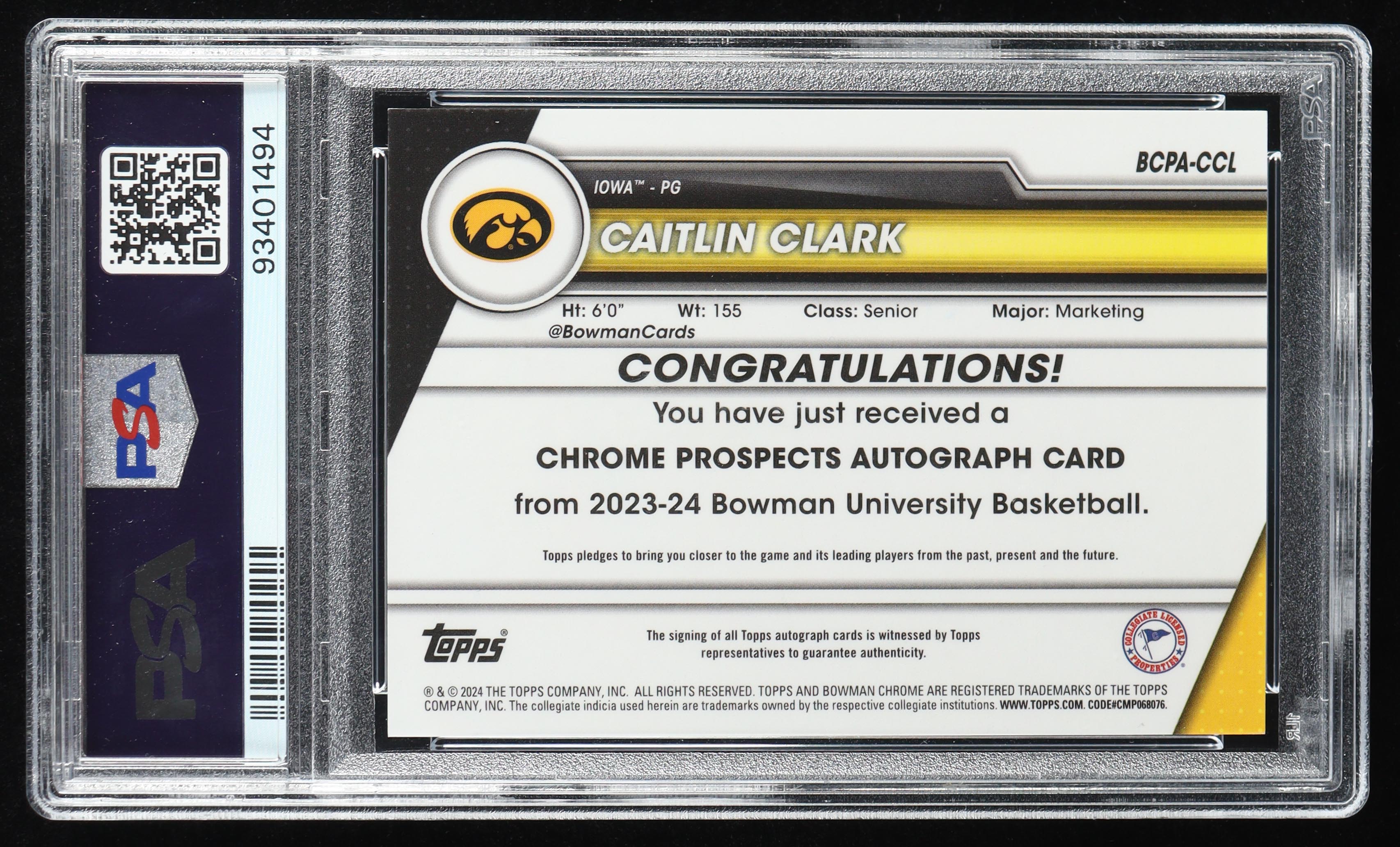 Caitlin Clark 2023-24 Bowman Chrome University Prospect Autographs #BCPACCL RC (PSA 10) at PristineAuction.com Caitlin Clark 2023-24 Bowman Chrome University Prospect Autographs #BCPACCL RC (PSA 10) at PristineAuction.com