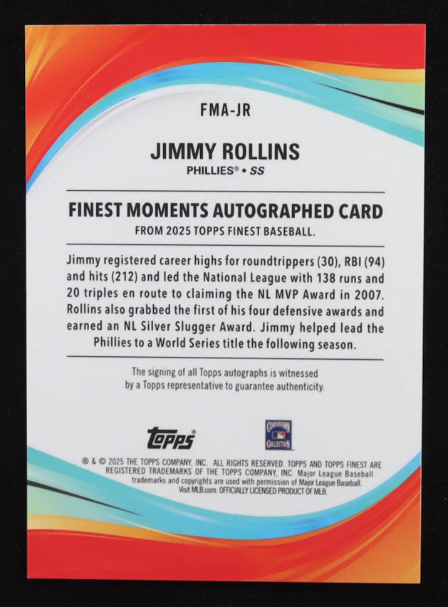 Jimmy Rollins 2025 Finest Moments Autographs #FMAJR at PristineAuction.com Jimmy Rollins 2025 Finest Moments Autographs #FMAJR at PristineAuction.com