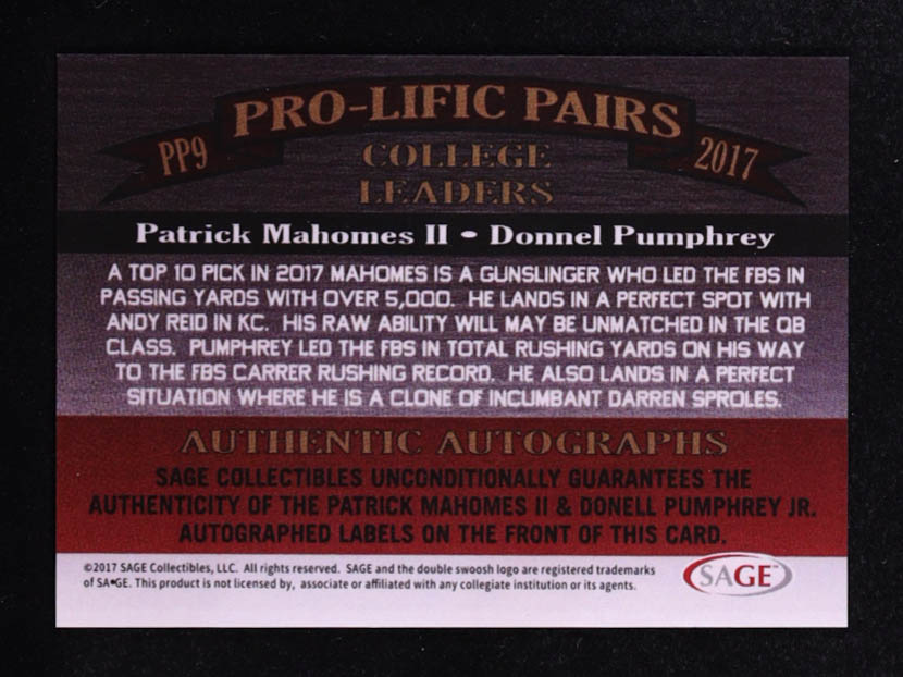 Patrick Mahomes II / Donnel Pumphrey Jr. 2017 SAGE Autographs Pro-lific Pairs #PP9 RC at PristineAuction.com Patrick Mahomes II / Donnel Pumphrey Jr. 2017 SAGE Autographs Pro-lific Pairs #PP9 RC at PristineAuction.com