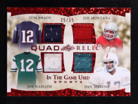 Tom Brady / Joe Montana / Joe Namath / Dan Marino 2022 Leaf ITG Used Sports Quad Relic Red Sparkle #GQM03 #35/35 at PristineAuction.com