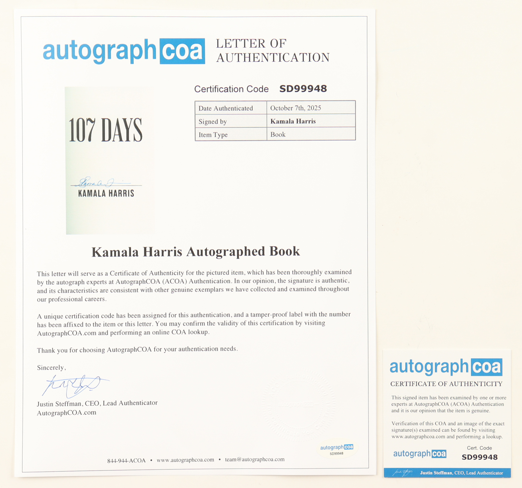 Kamala Harris Signed "107 Days" Hardcover Book (AutographCOA) at PristineAuction.com Kamala Harris Signed "107 Days" Hardcover Book (AutographCOA) at PristineAuction.com