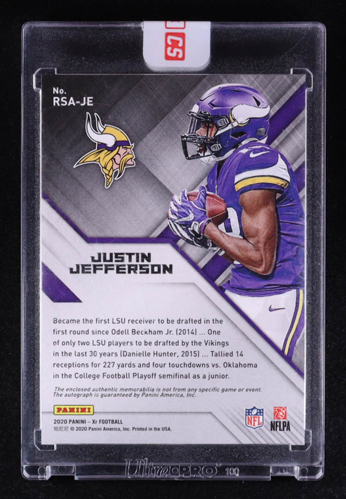 Justin Jefferson 2020 Panini XR Rookie Swatch Autographs Red #11 #62/75 RC at PristineAuction.com Justin Jefferson 2020 Panini XR Rookie Swatch Autographs Red #11 #62/75 RC at PristineAuction.com