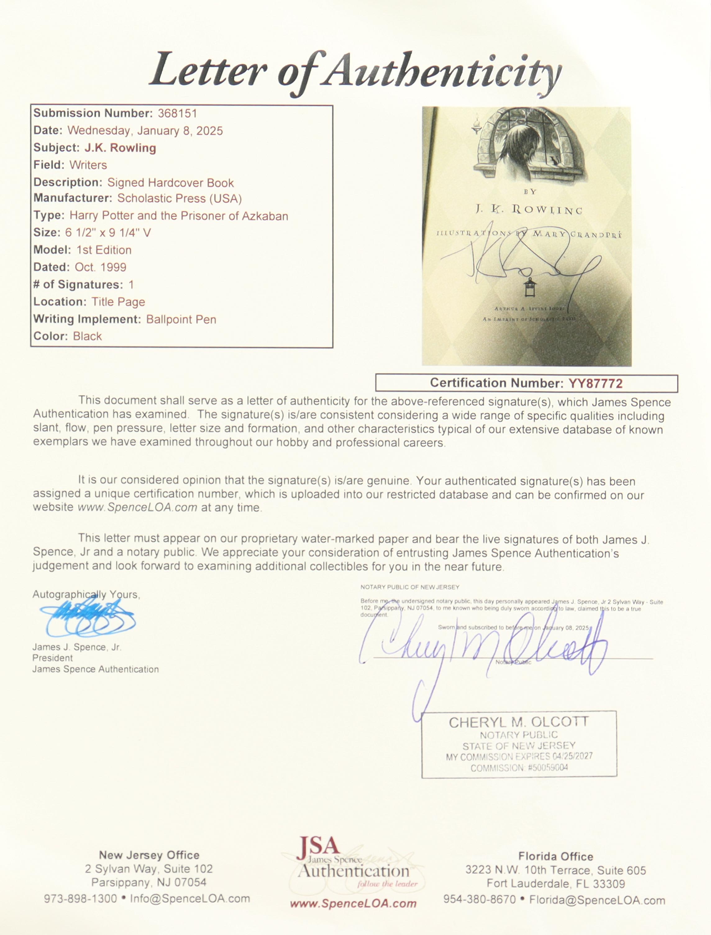 J. K. Rowling Signed "Harry Potter and The Prisoner of Azkaban" 1st Edition Hardcover Book (JSA) at PristineAuction.com J. K. Rowling Signed "Harry Potter and The Prisoner of Azkaban" 1st Edition Hardcover Book (JSA) at PristineAuction.com