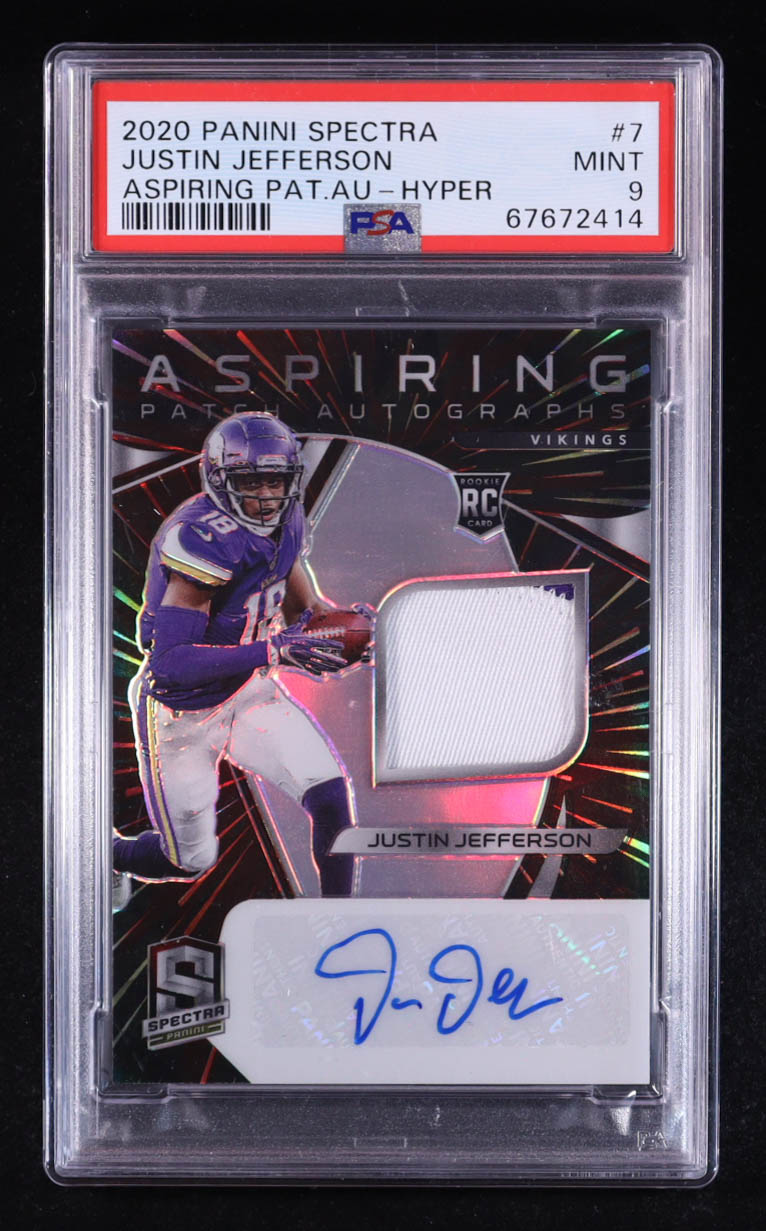 Justin Jefferson 2020 Panini Spectra Aspiring Patch Autographs Hyper #7 #19/60 RC (PSA 9) at PristineAuction.com Justin Jefferson 2020 Panini Spectra Aspiring Patch Autographs Hyper #7 #19/60 RC (PSA 9) at PristineAuction.com