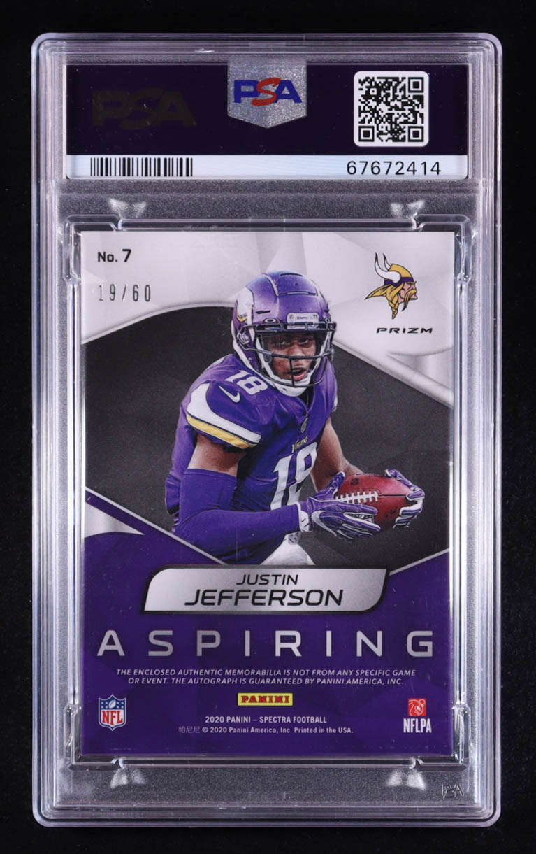 Justin Jefferson 2020 Panini Spectra Aspiring Patch Autographs Hyper #7 #19/60 RC (PSA 9) at PristineAuction.com Justin Jefferson 2020 Panini Spectra Aspiring Patch Autographs Hyper #7 #19/60 RC (PSA 9) at PristineAuction.com