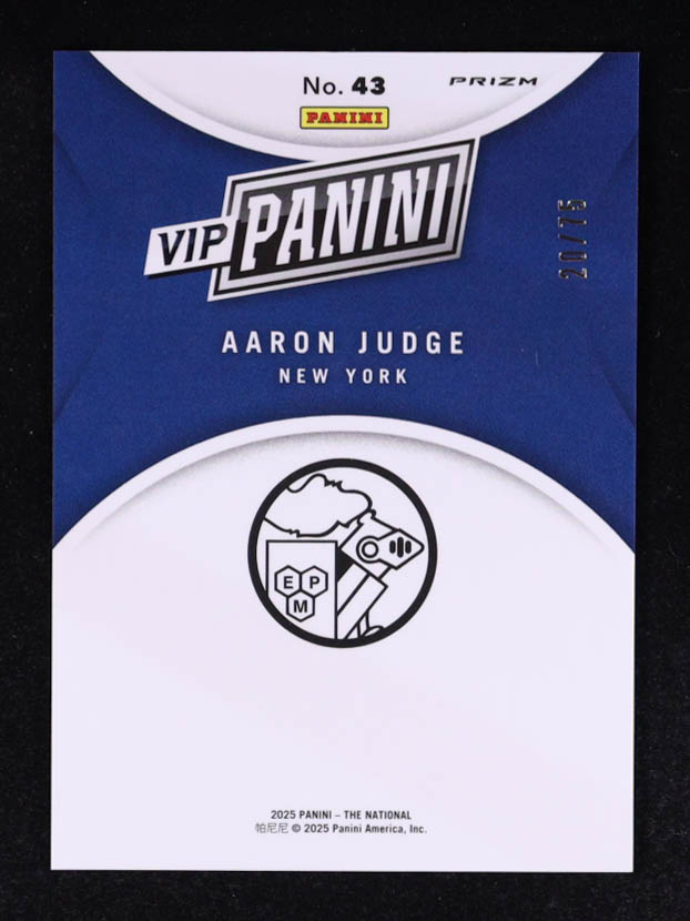 Aaron Judge 2025 Panini National Convention VIP Gold Packs Blue Sparkle #43 #20/75 at PristineAuction.com Aaron Judge 2025 Panini National Convention VIP Gold Packs Blue Sparkle #43 #20/75 at PristineAuction.com