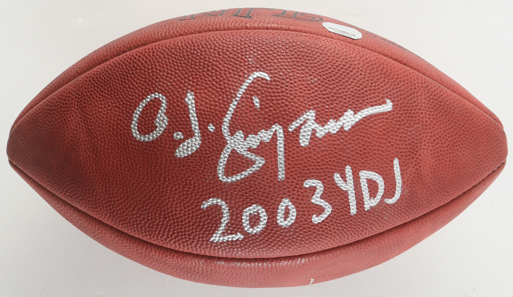 O. J. Simpson & Adrian Peterson Signed NFL Football Inscribed "2003 YDJ" & "2012 2,097yds" (Mounted Memories) at PristineAuction.com O. J. Simpson & Adrian Peterson Signed NFL Football Inscribed "2003 YDJ" & "2012 2,097yds" (Mounted Memories) at PristineAuction.com