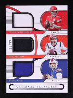 Patrick Mahomes II / Joe Burrow / Josh Allen 2022 Panini National Treasures NFL Gear Trio Materials #10 #31/99 at PristineAuction.com