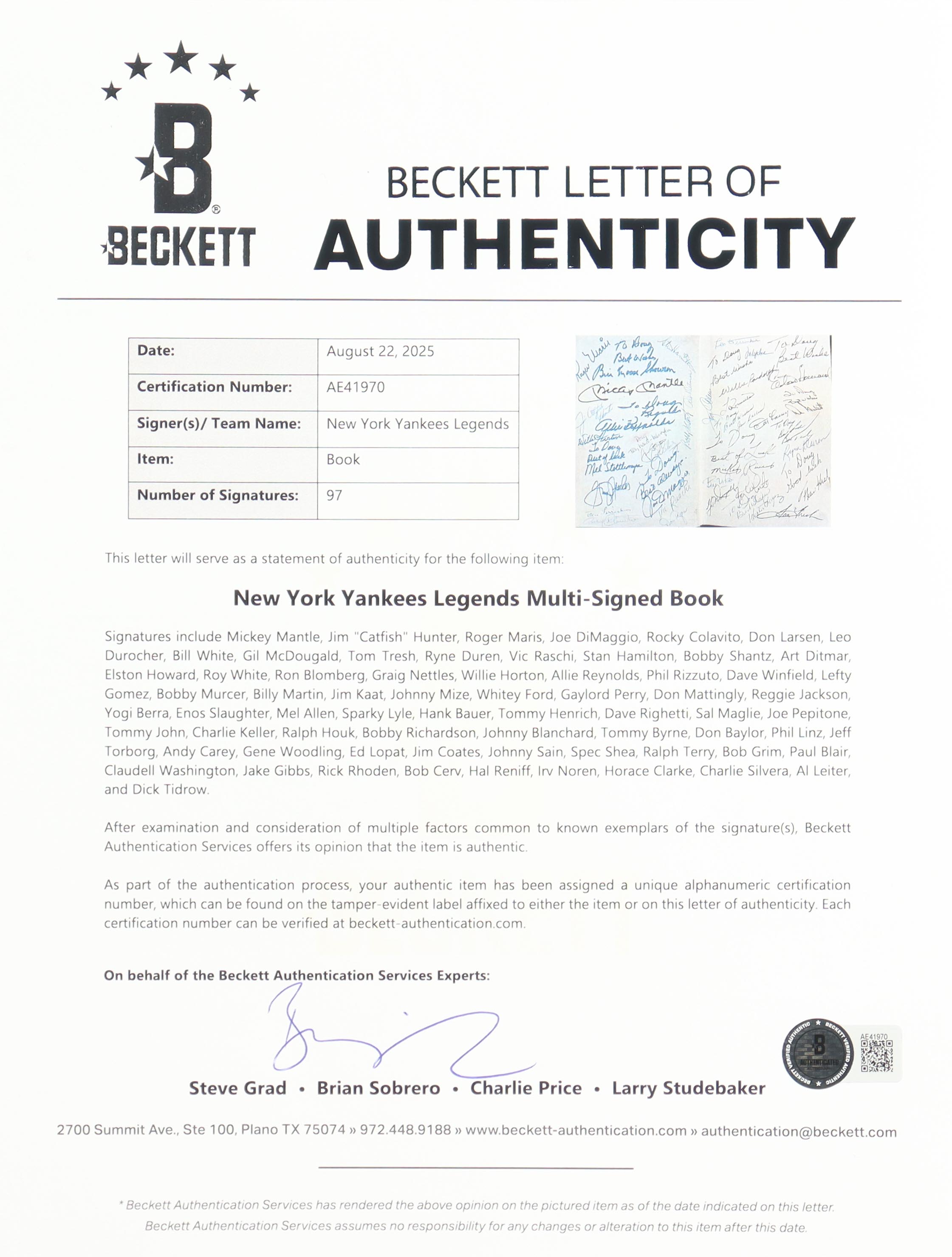 Mickey Mantle, Jim "Catfish" Hunter, Roger Maris, Joe DiMaggio | "Dynasty: The New York Yankees" Hardcover Book Signed By (97) (Beckett) at PristineAuction.com Mickey Mantle, Jim "Catfish" Hunter, Roger Maris, Joe DiMaggio | "Dynasty: The New York Yankees" Hardcover Book Signed By (97) (Beckett) at PristineAuction.com