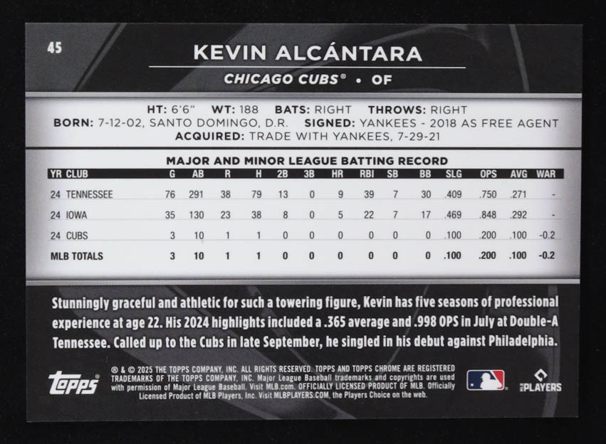 Kevin Alcantara 2025 Topps Chrome Black Gold Refractors #45 #04/50 RC at PristineAuction.com Kevin Alcantara 2025 Topps Chrome Black Gold Refractors #45 #04/50 RC at PristineAuction.com