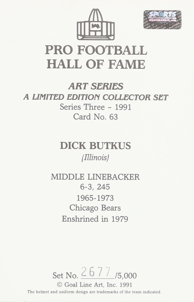 Dick Butkus Signed LE Bears Pro Football Hall of Fame Art Series Football Card Inscribed "HOF 79" (SM) at PristineAuction.com Dick Butkus Signed LE Bears Pro Football Hall of Fame Art Series Football Card Inscribed "HOF 79" (SM) at PristineAuction.com